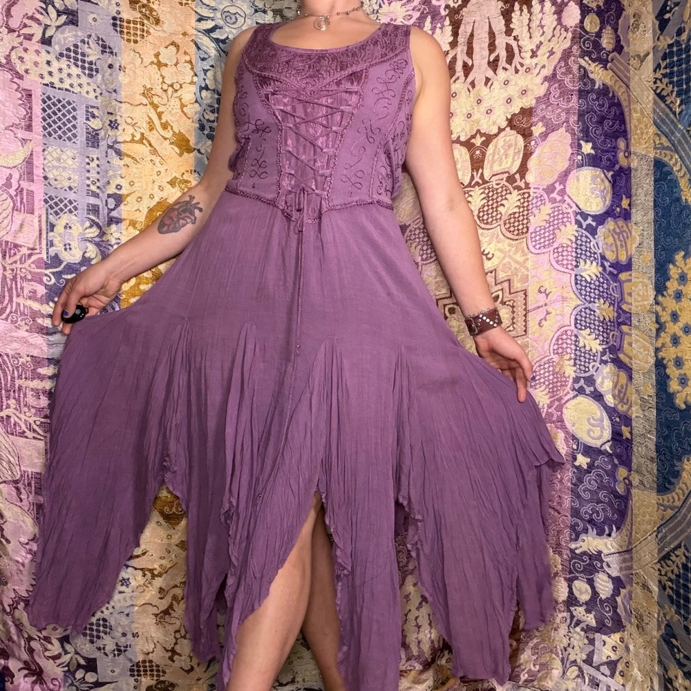 Purple Renfair Cottage Embroidered Handkerchief Hem Corset Bodice Dress One Size